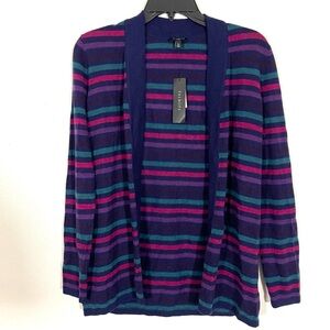 NEW Talbots Cardigan Sweater SP PETITE Open Front Striped Nylon Wool Blue Multi